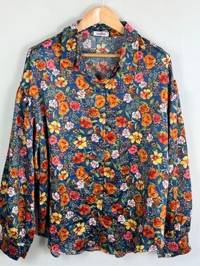 GeeGee Floral Button Front Blouse 2X Blue Orange Cottagecore